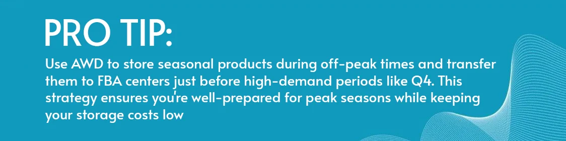 Pro Tip: Use AWD to store seasonal products during off-peak times and transfer them to FBA centers just before high-demand periods like Q4. This strategy ensures you're well-prepared for peak seasons while keeping your storage costs low.