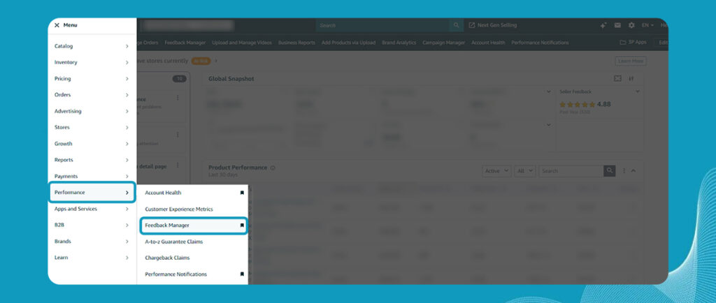 Image showing how to access feedback manager to manage Amazon negative reviews 