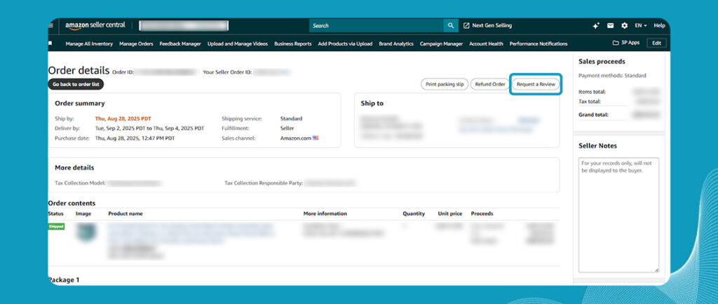 Image showing how to access request a review button to manage Amazon negative reviews in 2025